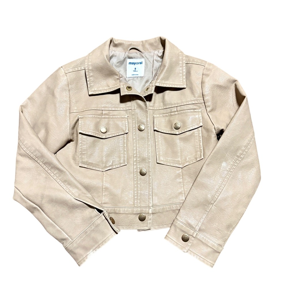 MAYORAL Girl's 8 Faux Leather Textured Moto‎ Jacket in Camel Snaps Pockets